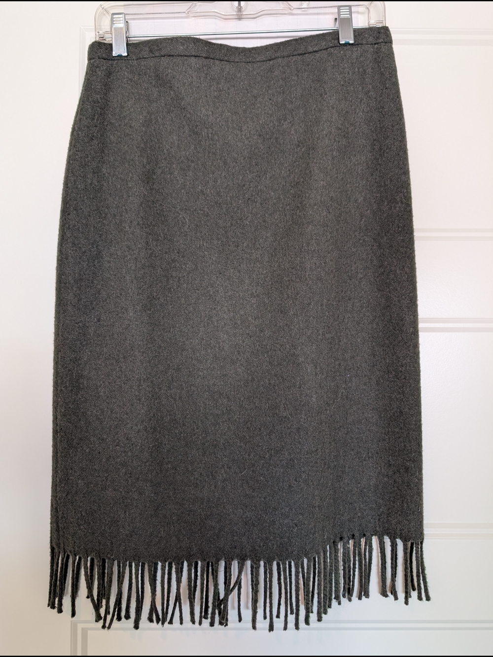 Vintage BCBG Dark Green Wool Pencil Skirt with Fringe Hem
